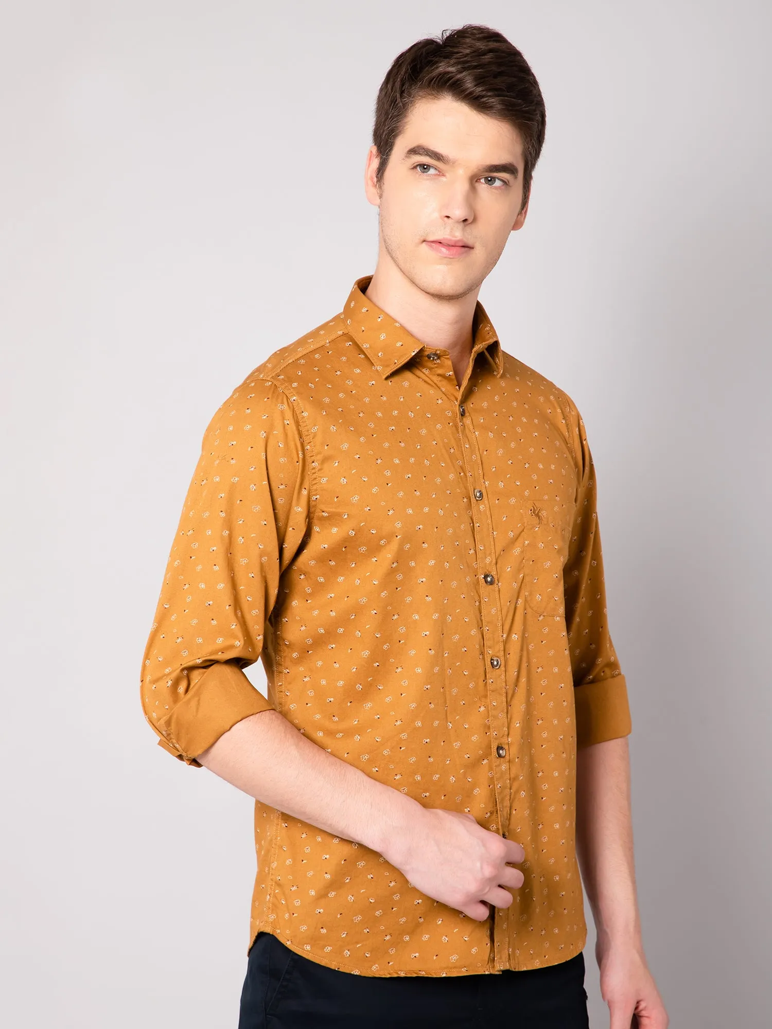 Men's Golden Yellow Casual Floral Print Full Sleeve Shirt