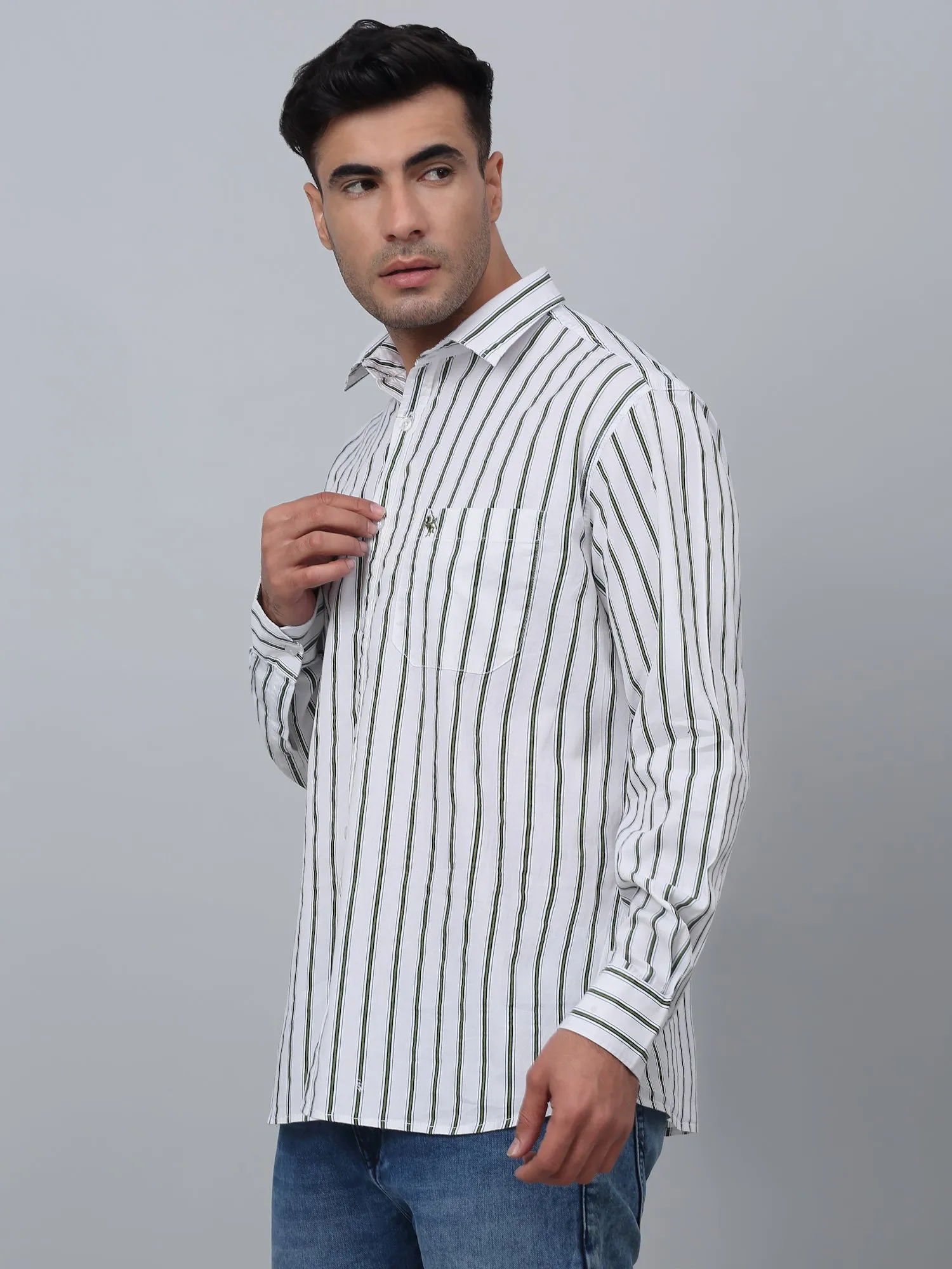 Men's Green Casual Thin Stripe Full Sleeve Shirt