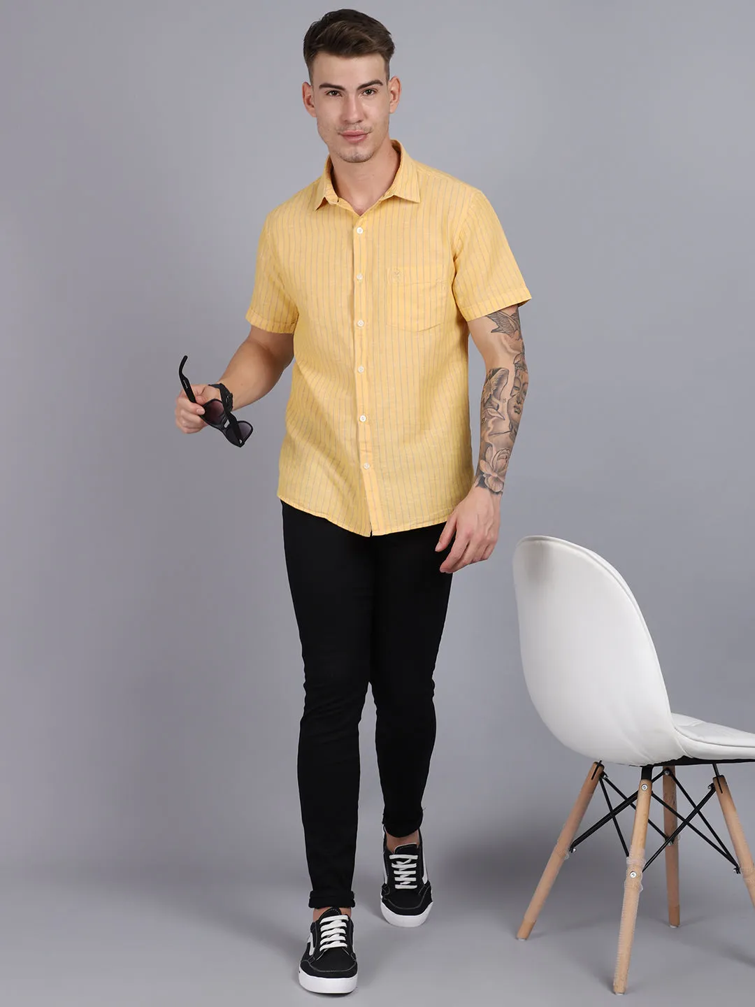 Men's Lemon Yellow Casual Thin Stripe Half Sleeve Shirt