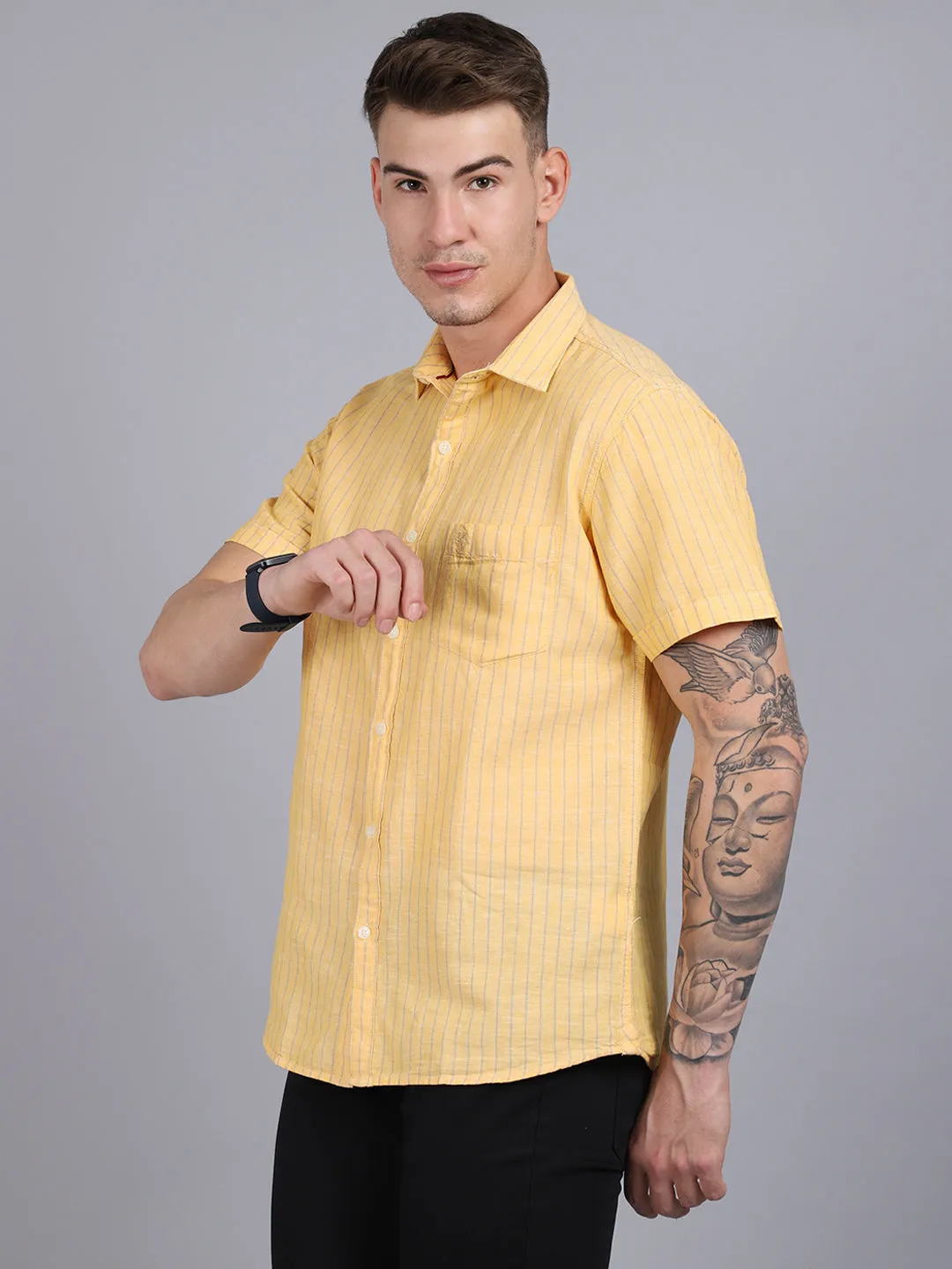 Men's Lemon Yellow Casual Thin Stripe Half Sleeve Shirt