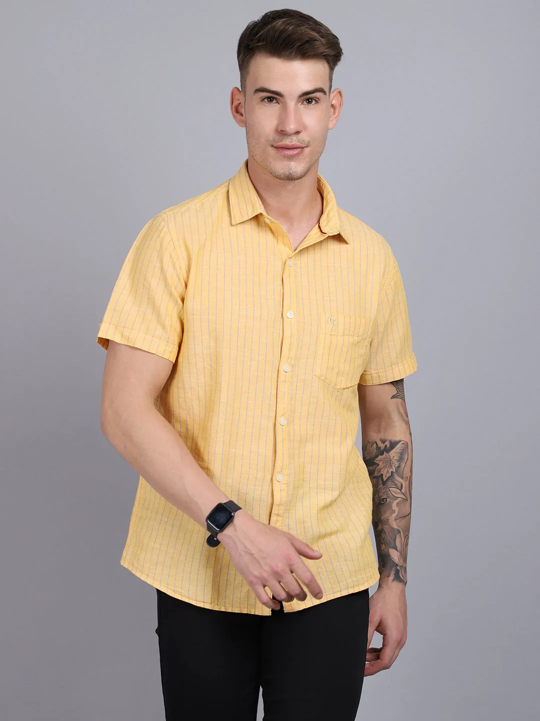 Men's Lemon Yellow Casual Thin Stripe Half Sleeve Shirt