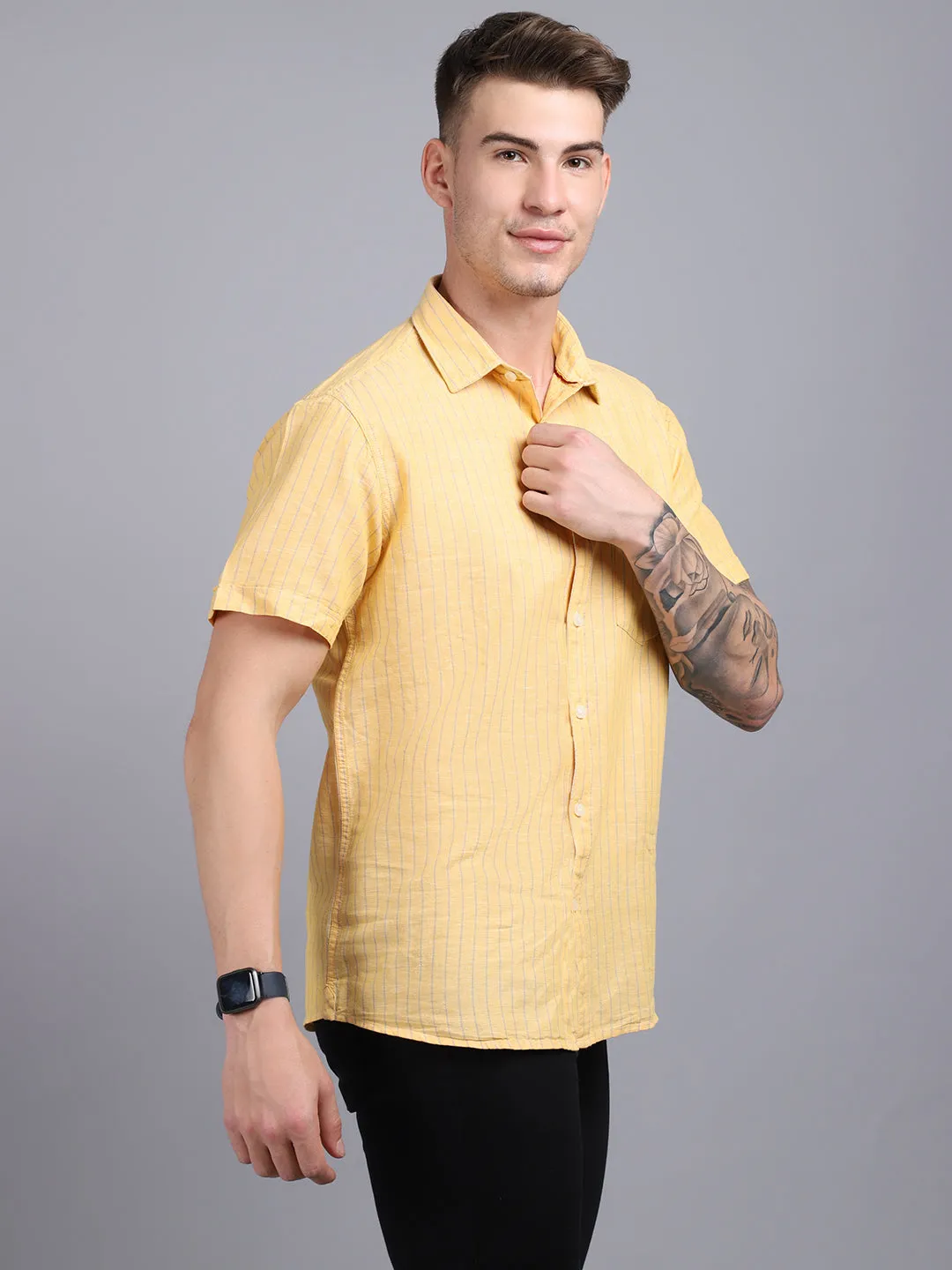 Men's Lemon Yellow Casual Thin Stripe Half Sleeve Shirt