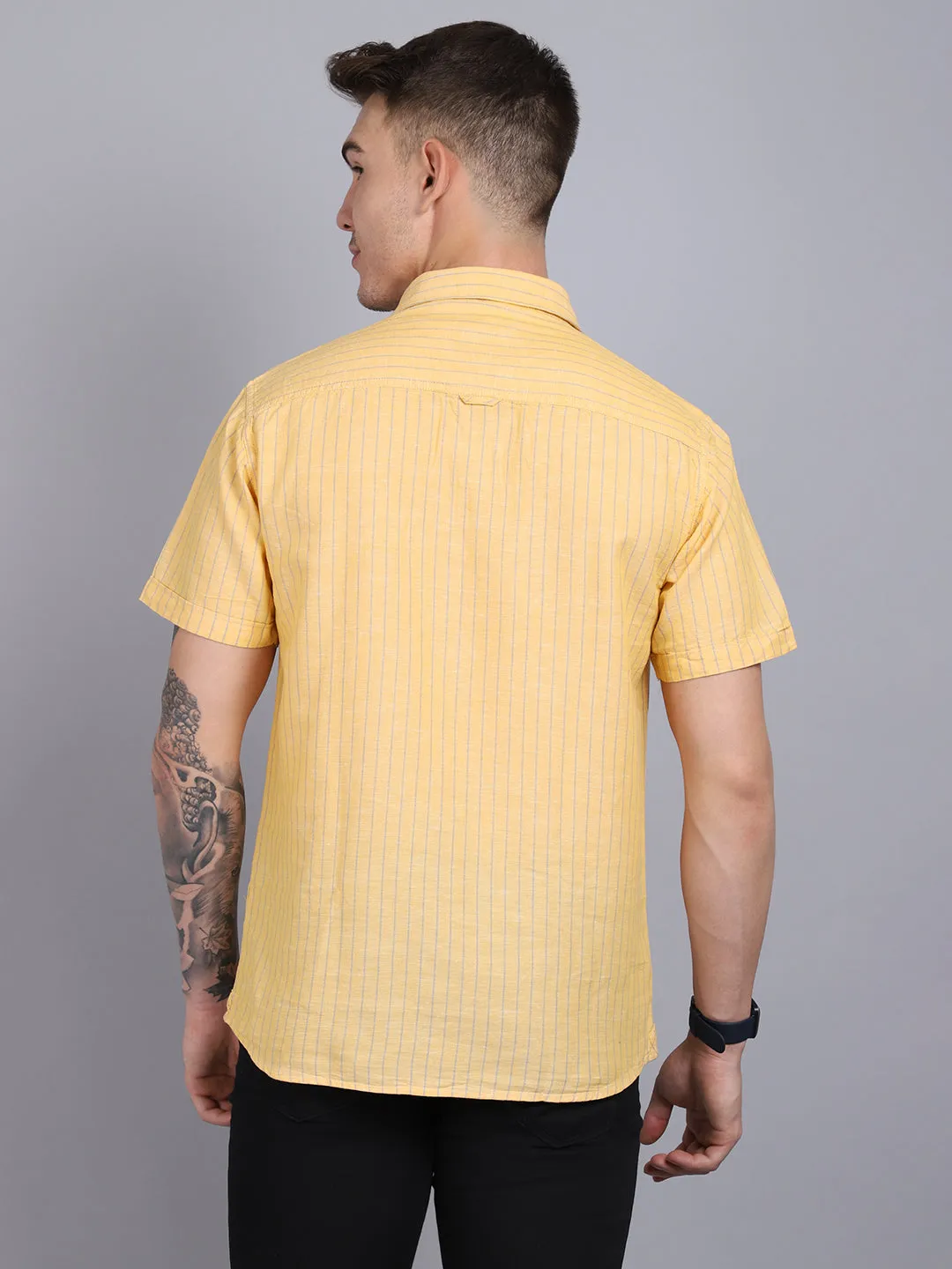 Men's Lemon Yellow Casual Thin Stripe Half Sleeve Shirt