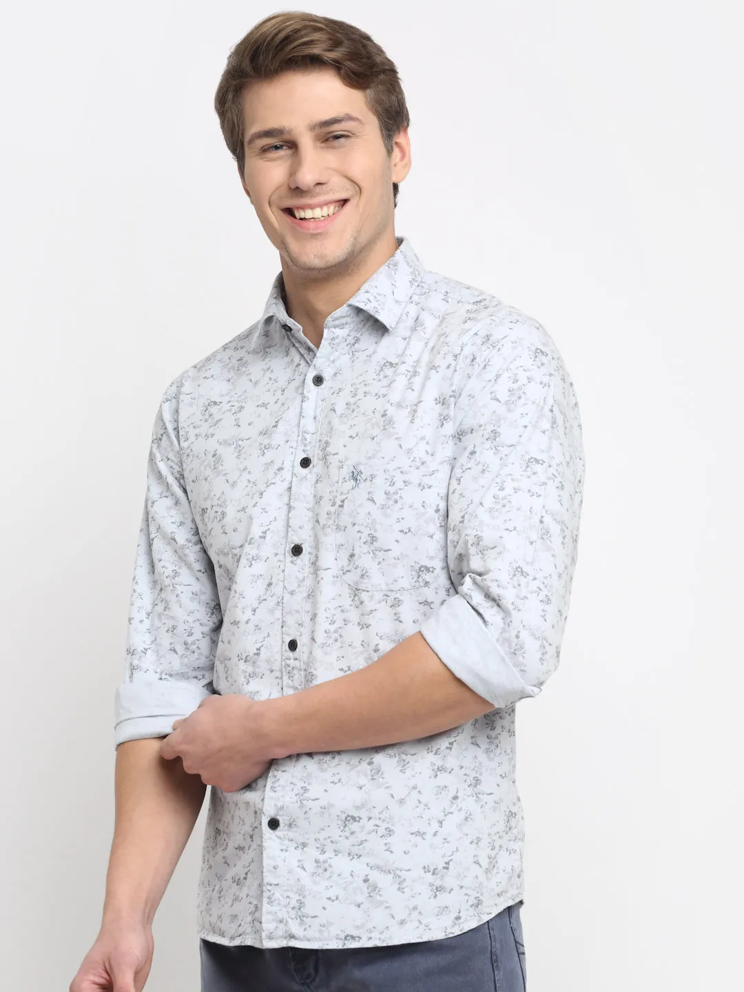 Men's Light Grey Casual Floral Print Full Sleeve Shirt