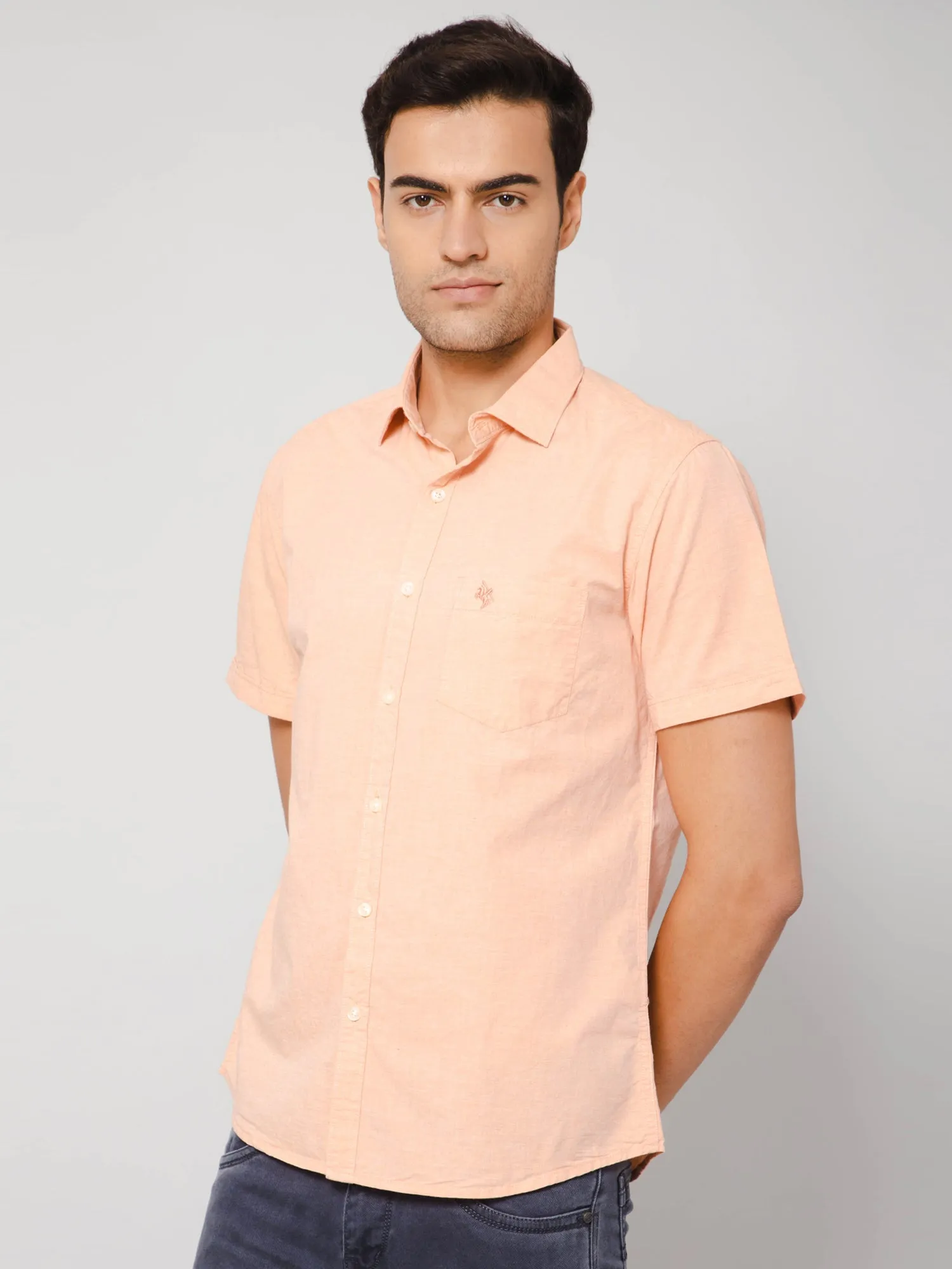 Men's Light Orange Casual Plain Half Sleeve Shirt