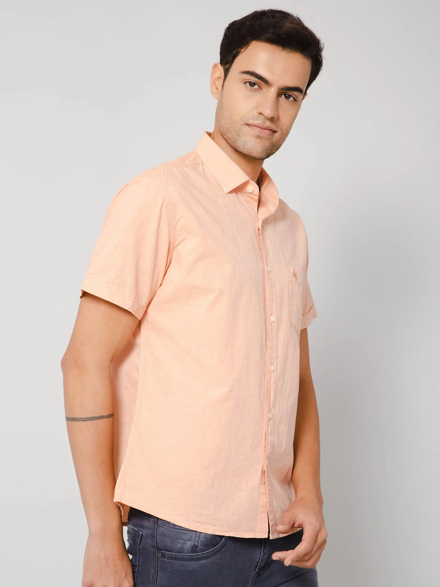 Men's Light Orange Casual Plain Half Sleeve Shirt