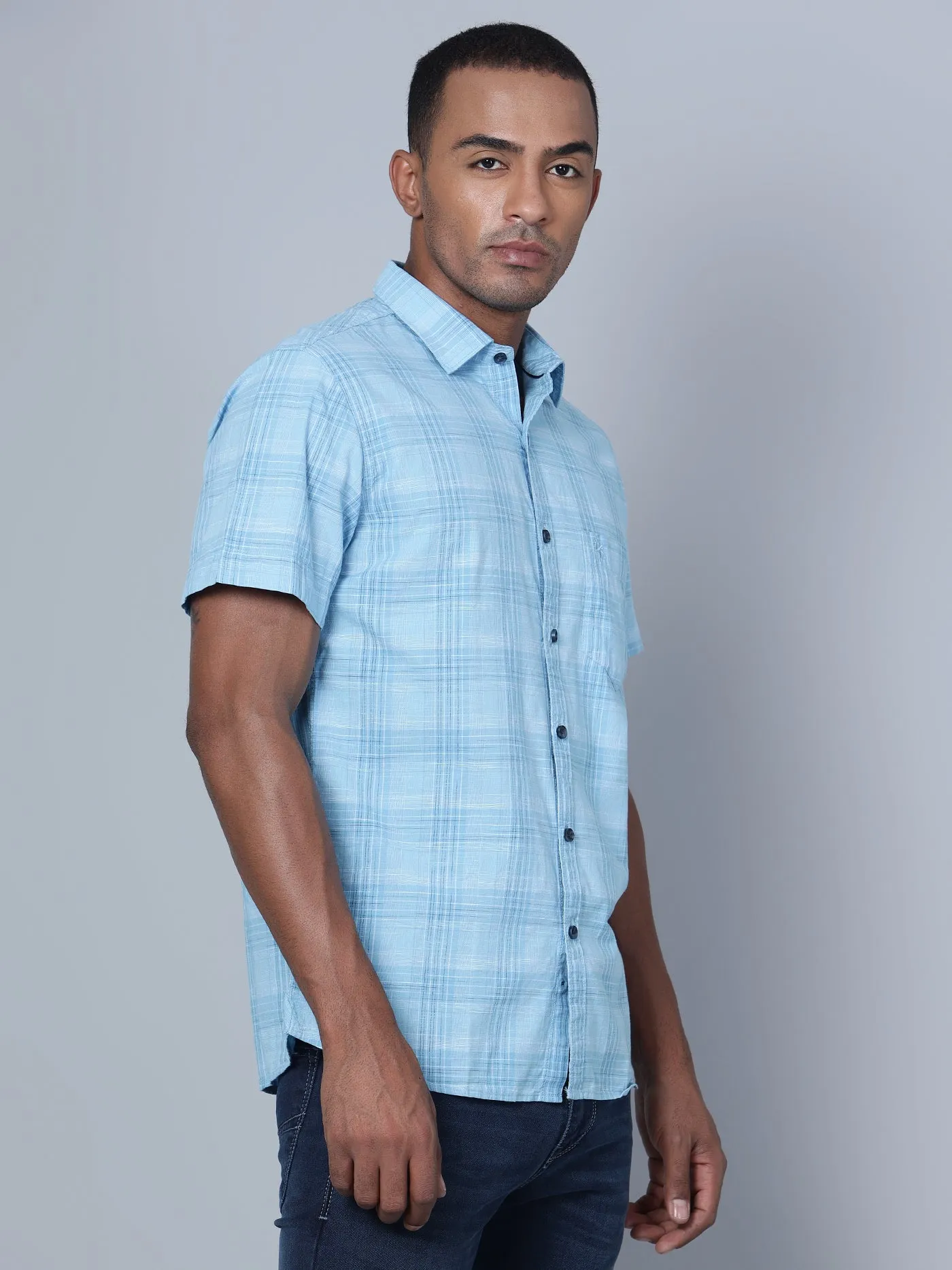 Men's Mint Blue Casual Medium Checks Half Sleeve Shirt