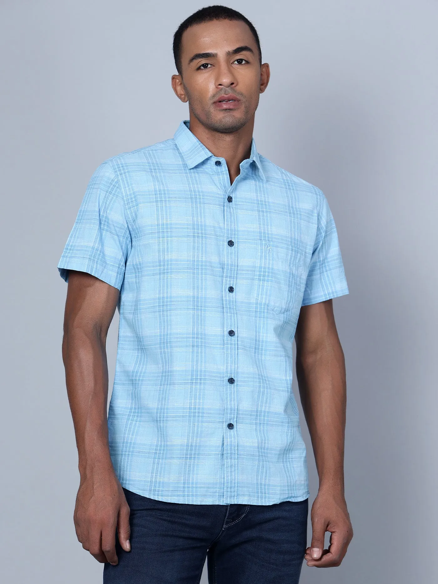 Men's Mint Blue Casual Medium Checks Half Sleeve Shirt