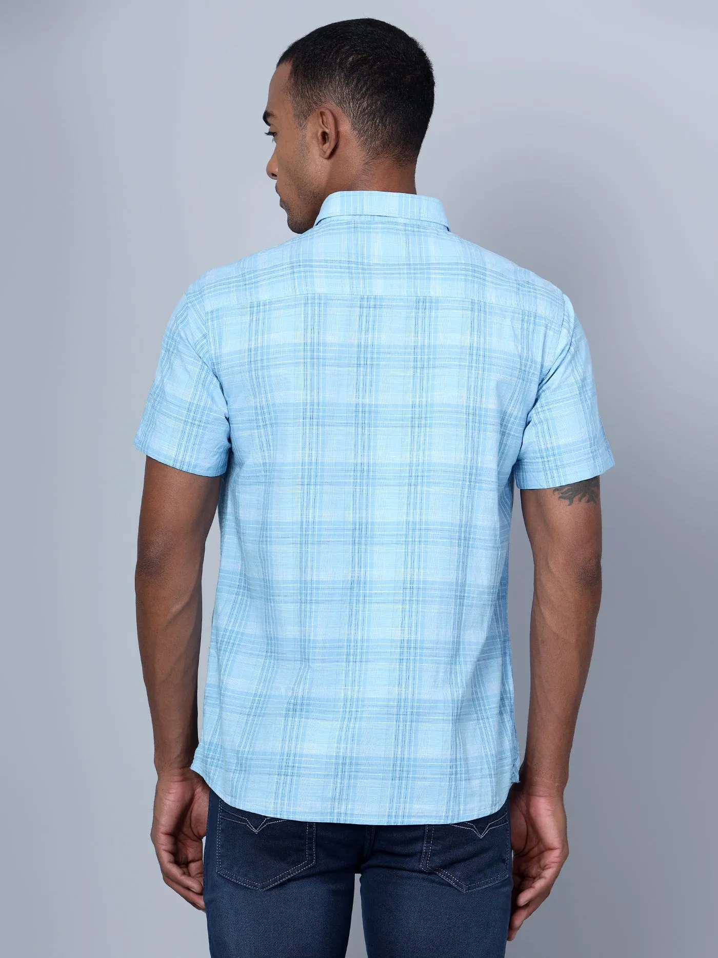 Men's Mint Blue Casual Medium Checks Half Sleeve Shirt