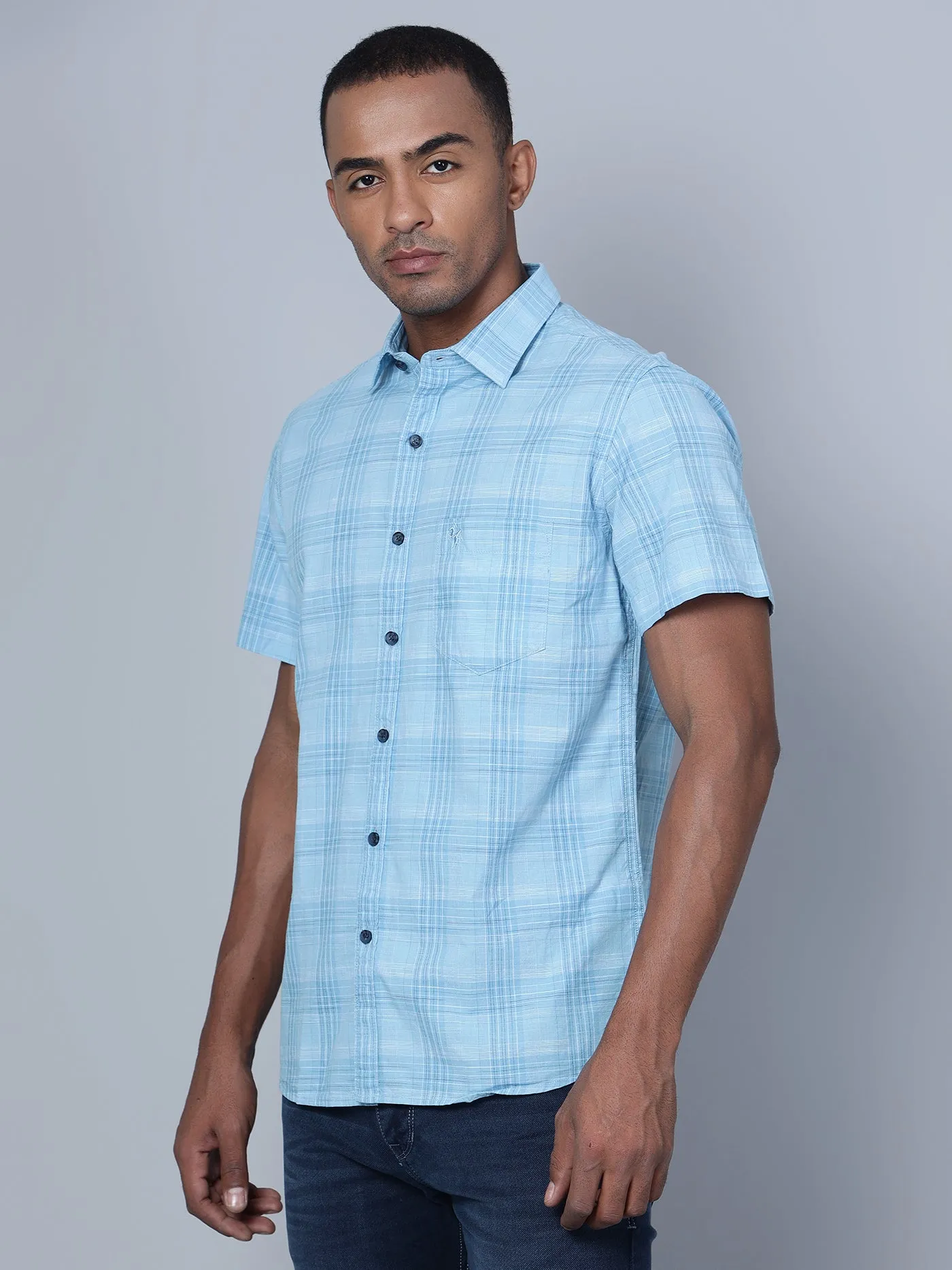 Men's Mint Blue Casual Medium Checks Half Sleeve Shirt