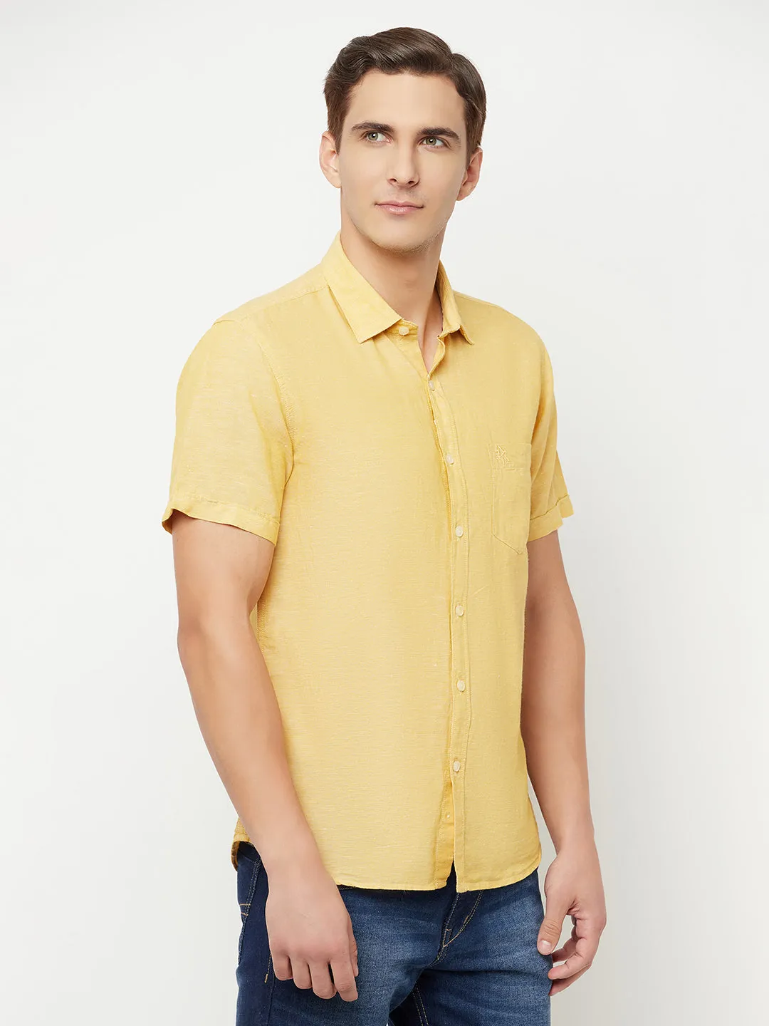 Men's Mustard Casual Plain Half Sleeve Shirt