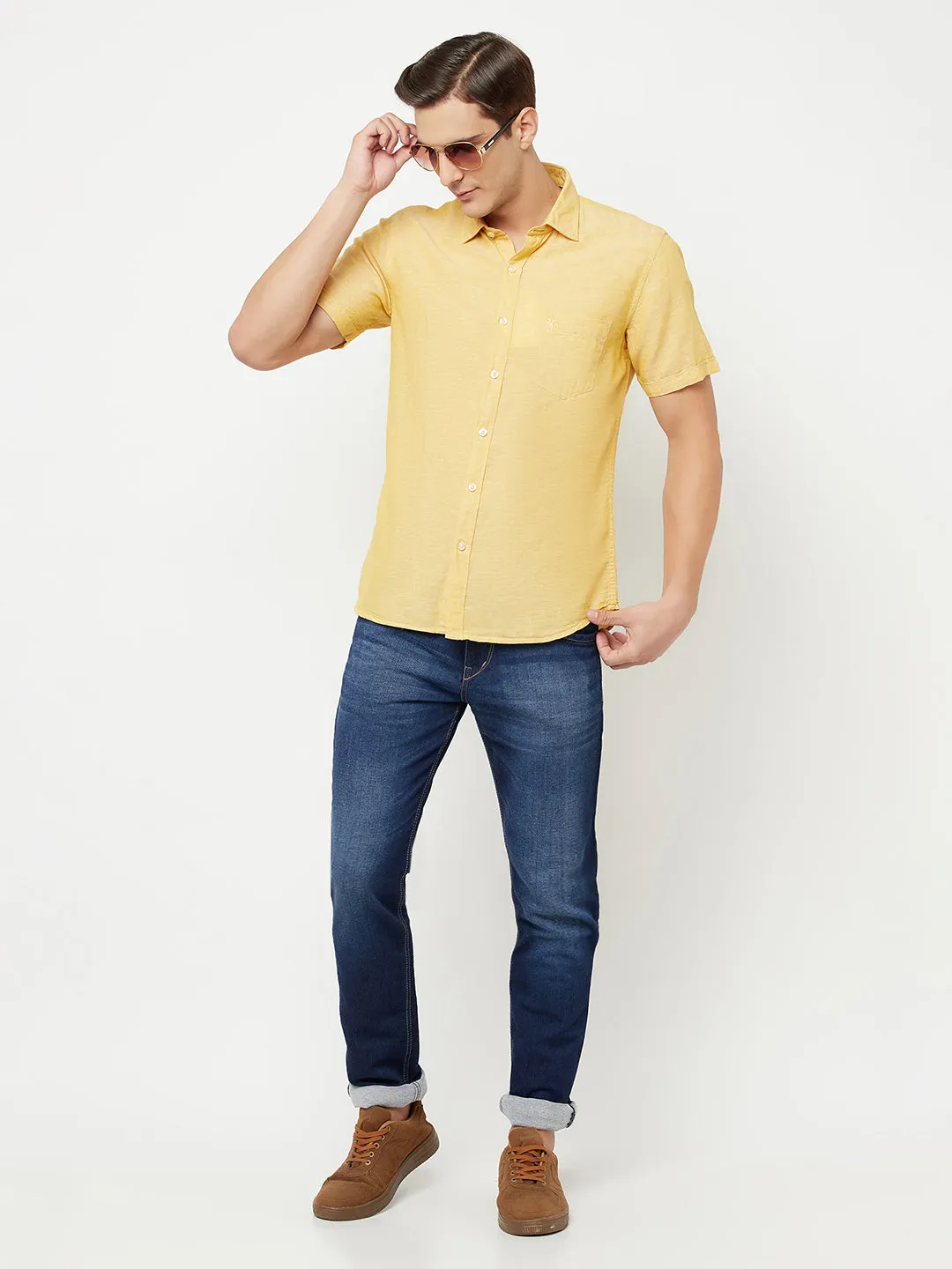 Men's Mustard Casual Plain Half Sleeve Shirt