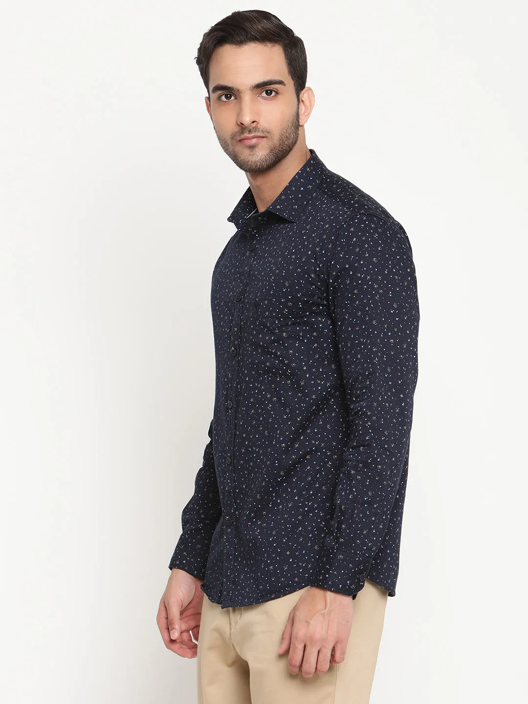 Men's Navy Blue Casual Floral Ditsy Print Full Sleeve Shirt