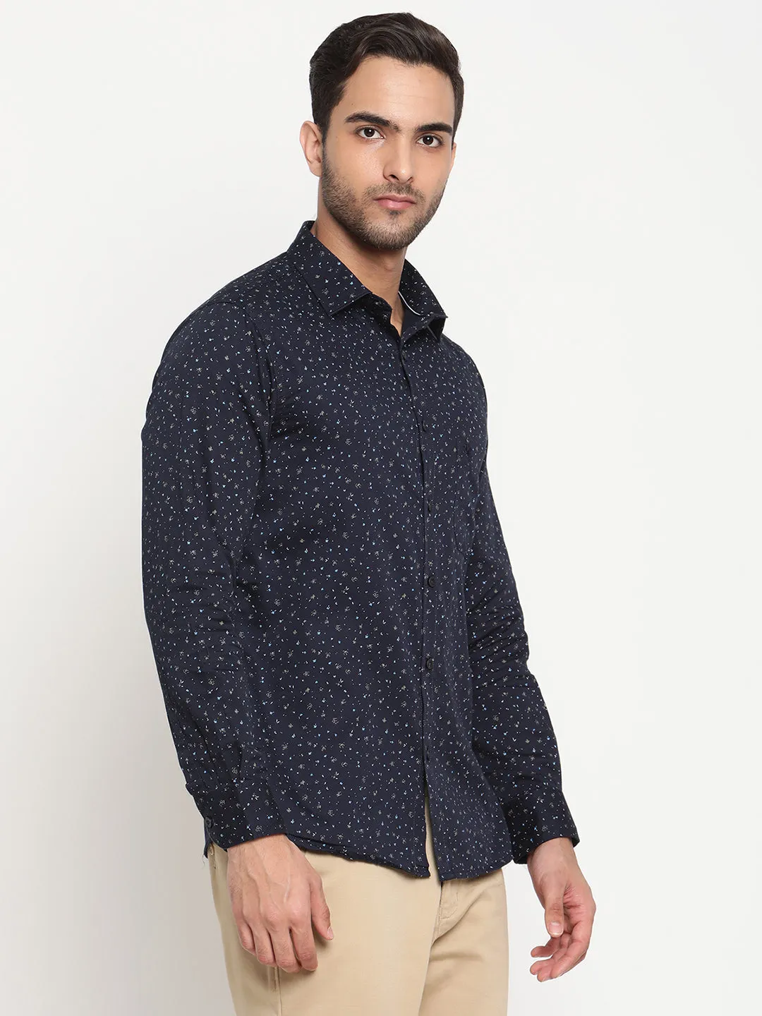 Men's Navy Blue Casual Floral Ditsy Print Full Sleeve Shirt