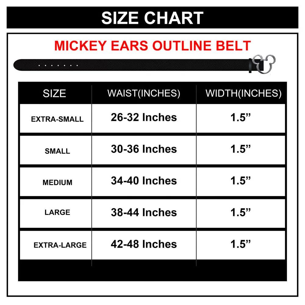 Mickey Ears Outline Silver Cast Buckle - 1.5 Inch Wide Black Vegan Leather Strap Belt