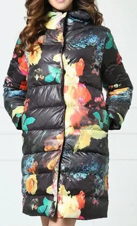 Multi Colored Floral Print Down Coat in Black