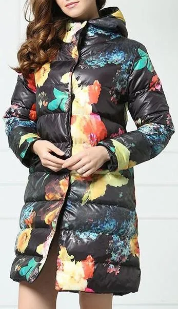 Multi Colored Floral Print Down Coat in Black