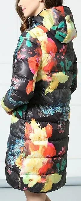 Multi Colored Floral Print Down Coat in Black