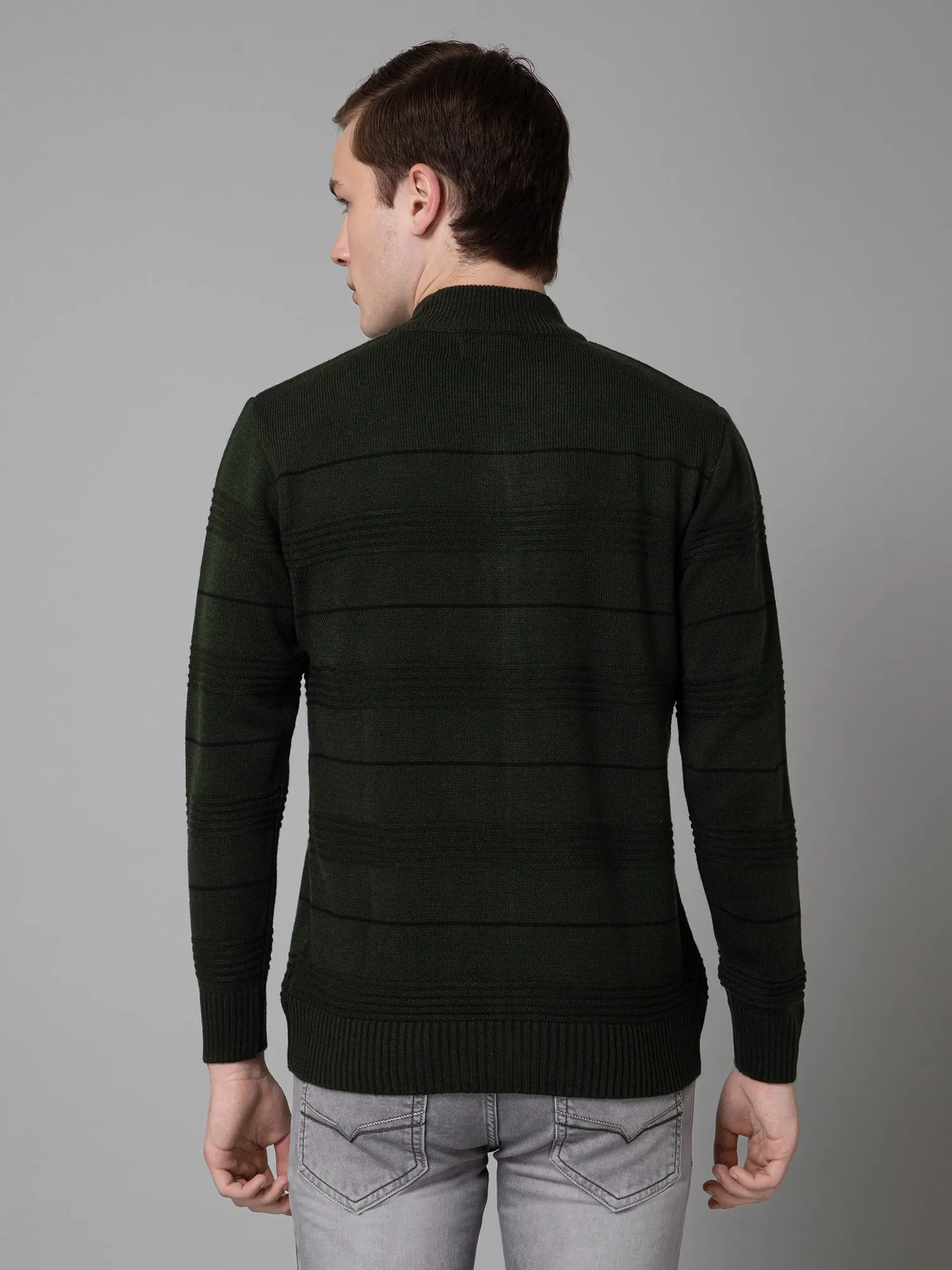 Olive Green Full Sleeve Mock Collar Regular Fit Casual Sweater for Men