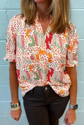 Pink Floral Print Button Frilled Short Sleeve Blouse