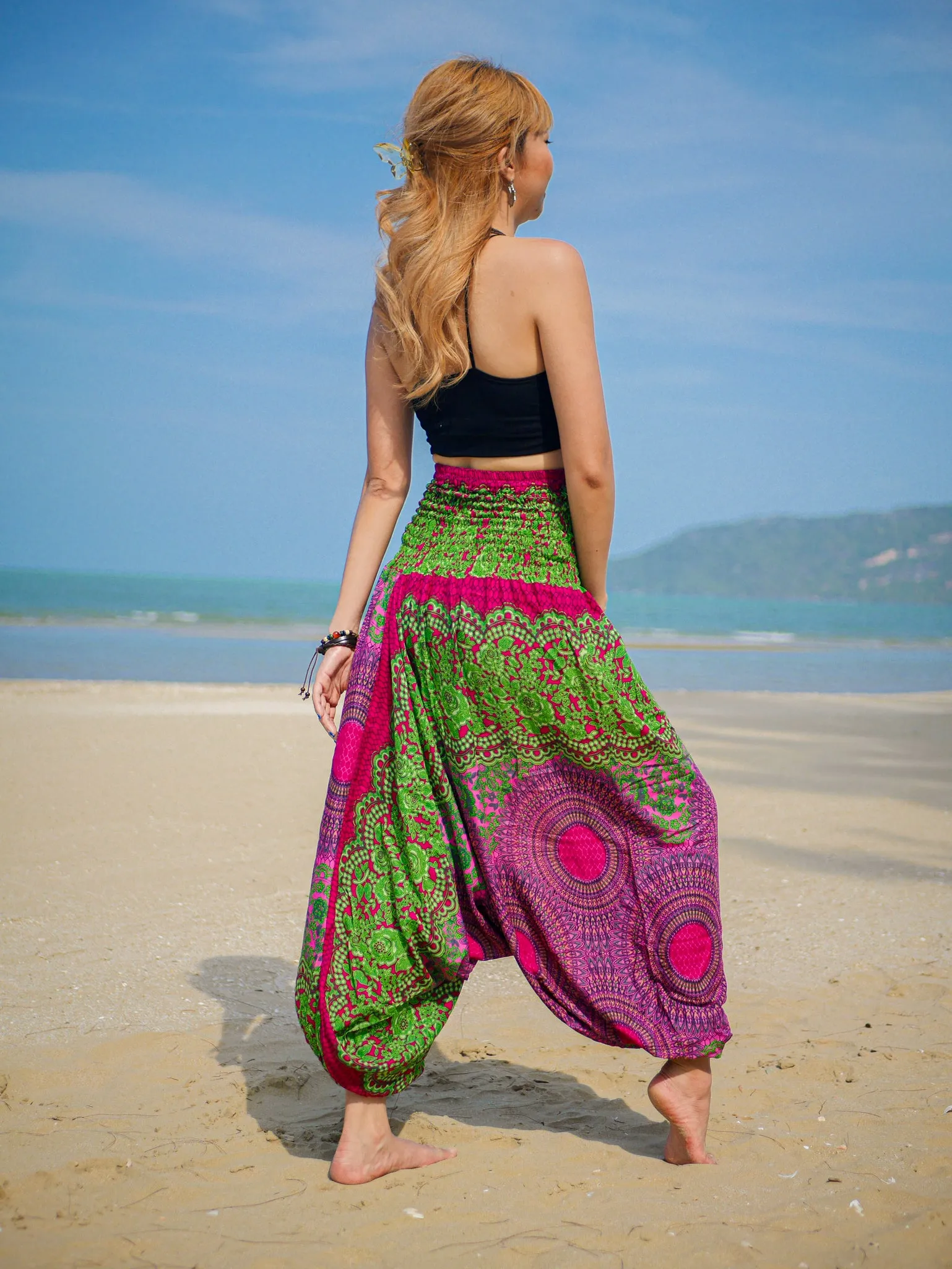 Pink Green Mandala Low Cut Harem Pants