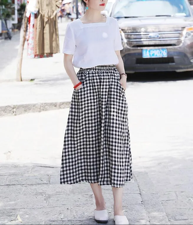 Plaid Women's Skirts Summer Linen Skirt Elastic Waist SSM09755