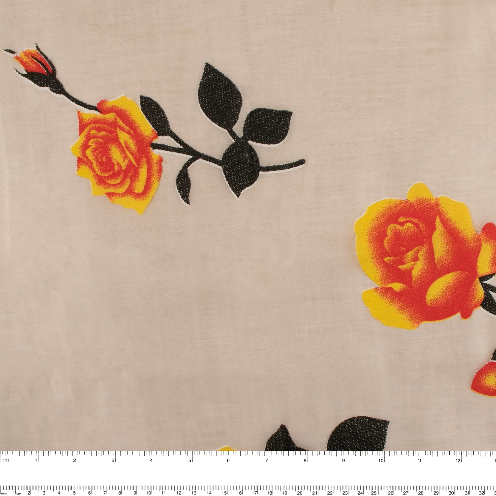 Printed Burnout Organza - Roses - White / Yellow