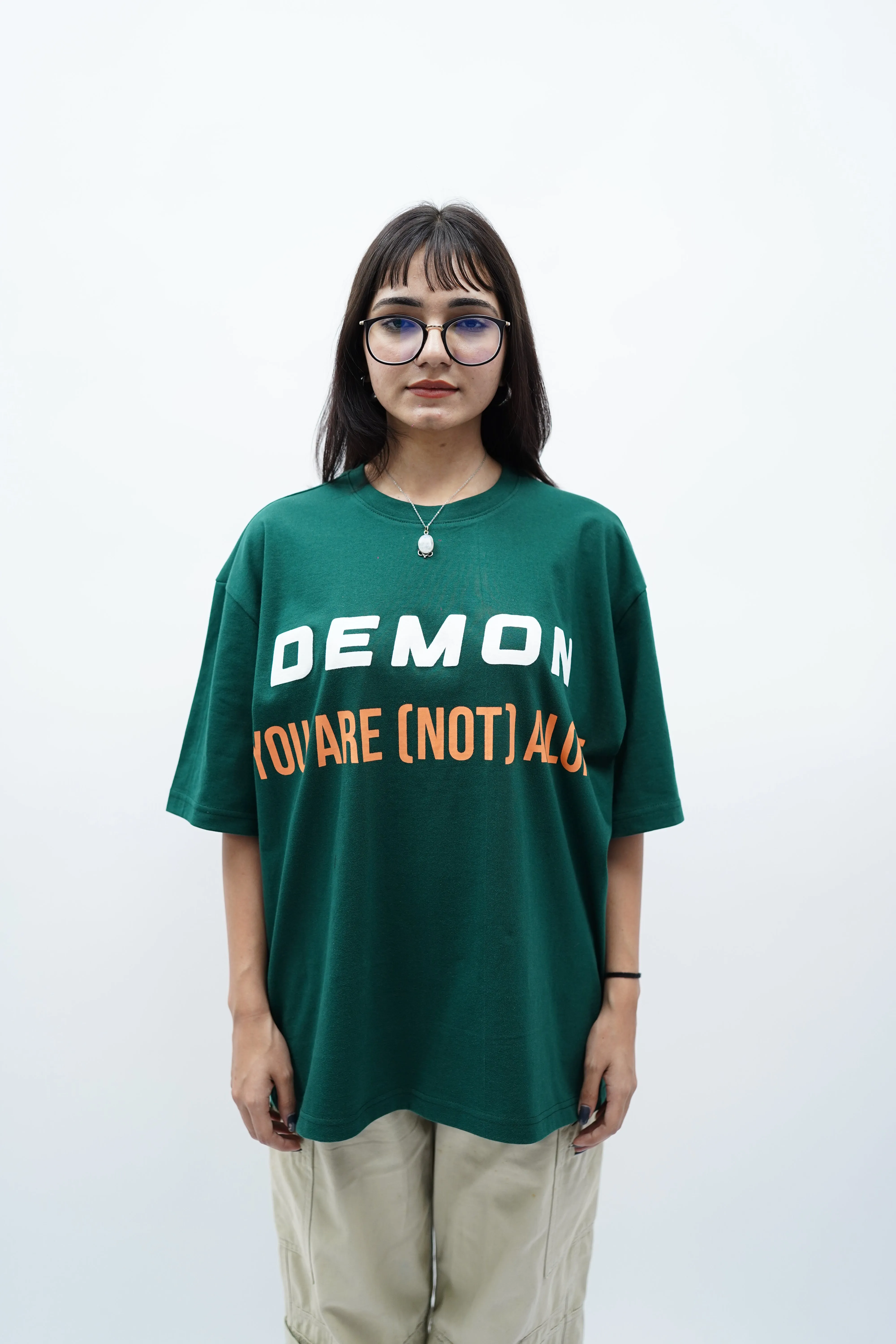 "You're (NOT) alone" Oversized Puff Print Green T-Shirt By DemonWear for Her