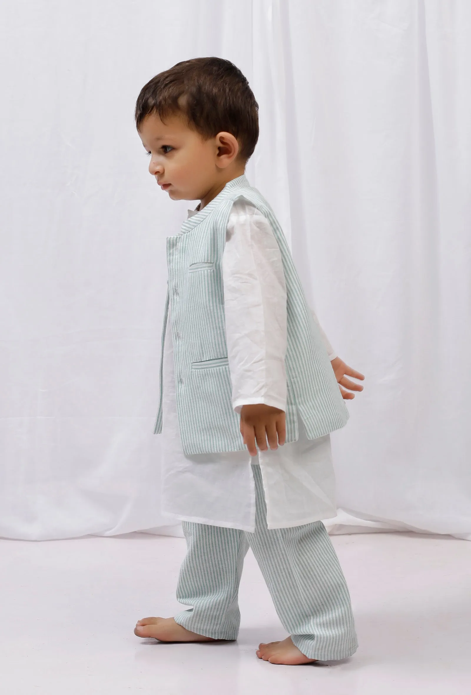 Set of 3: White striped Cotton Kurta and Pajama with Green Striped Nehru Jacket