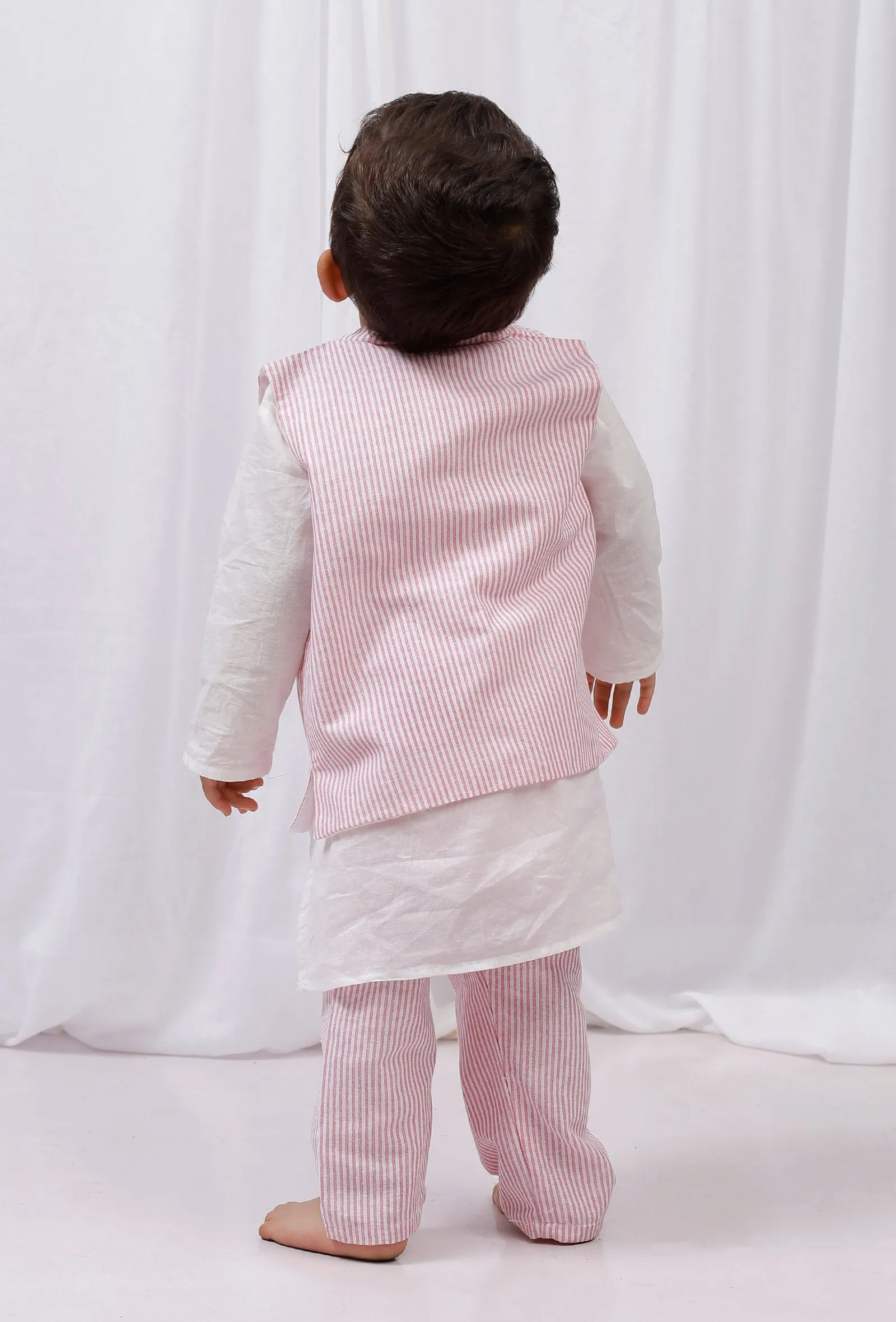 Set of 3: White striped Cotton Kurta and Pajama with Pink Striped Nehru Jacket