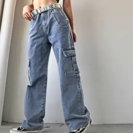 Side Cargo Pocket Loose Straight Denim Pants