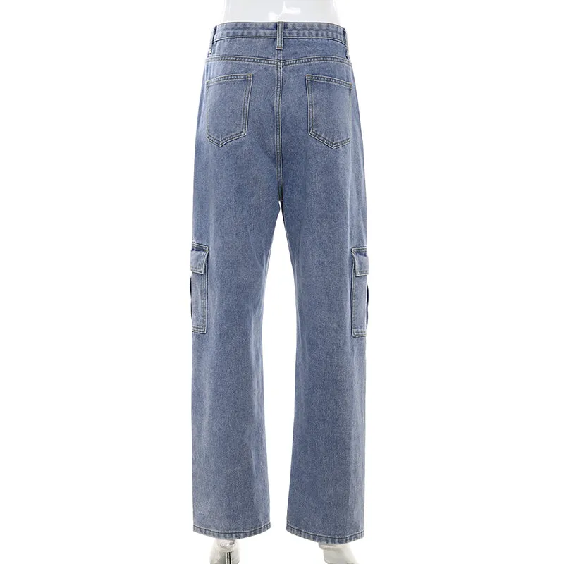 Side Cargo Pocket Loose Straight Denim Pants