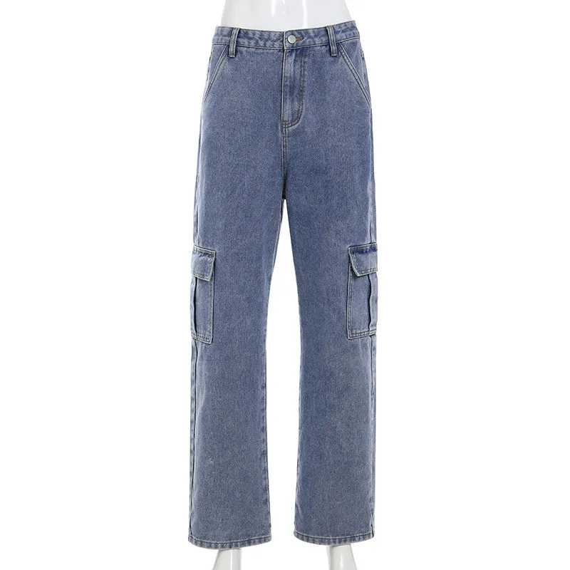 Side Cargo Pocket Loose Straight Denim Pants