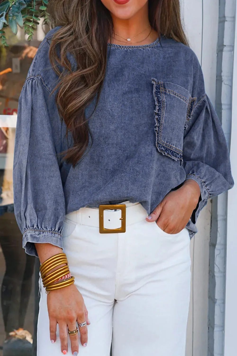 Sky Blue 3/4 Sleeve Ruffled Patched Pocket Denim Blouse