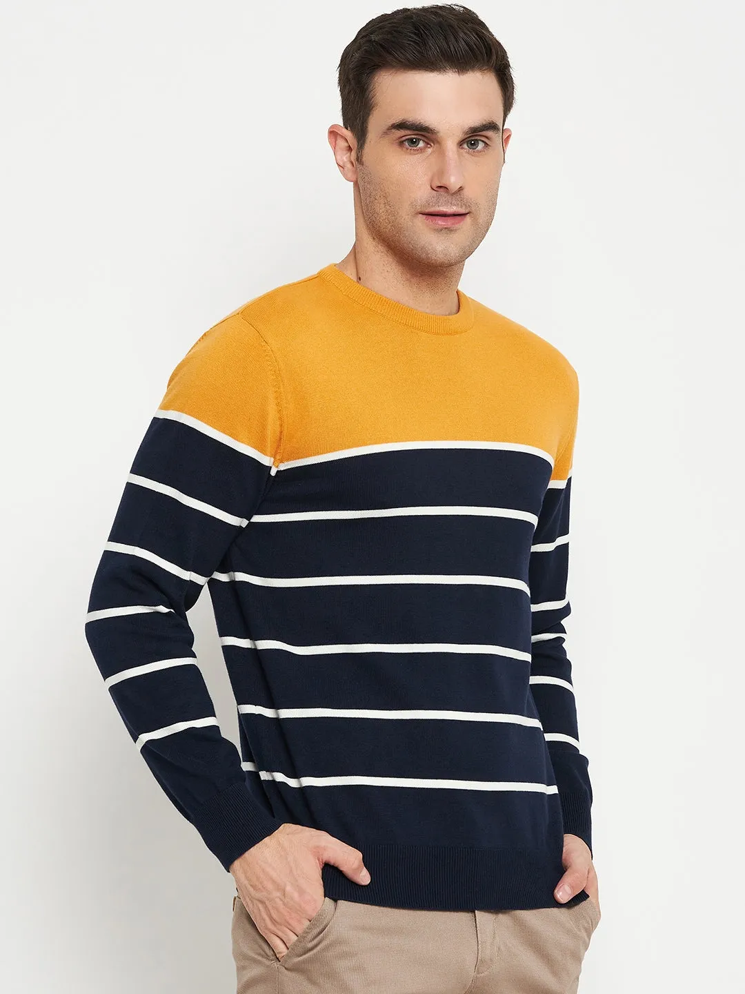 Striped Navy Blue Full Sleeves Round Neck Regular Fit Casual Sweater for Men