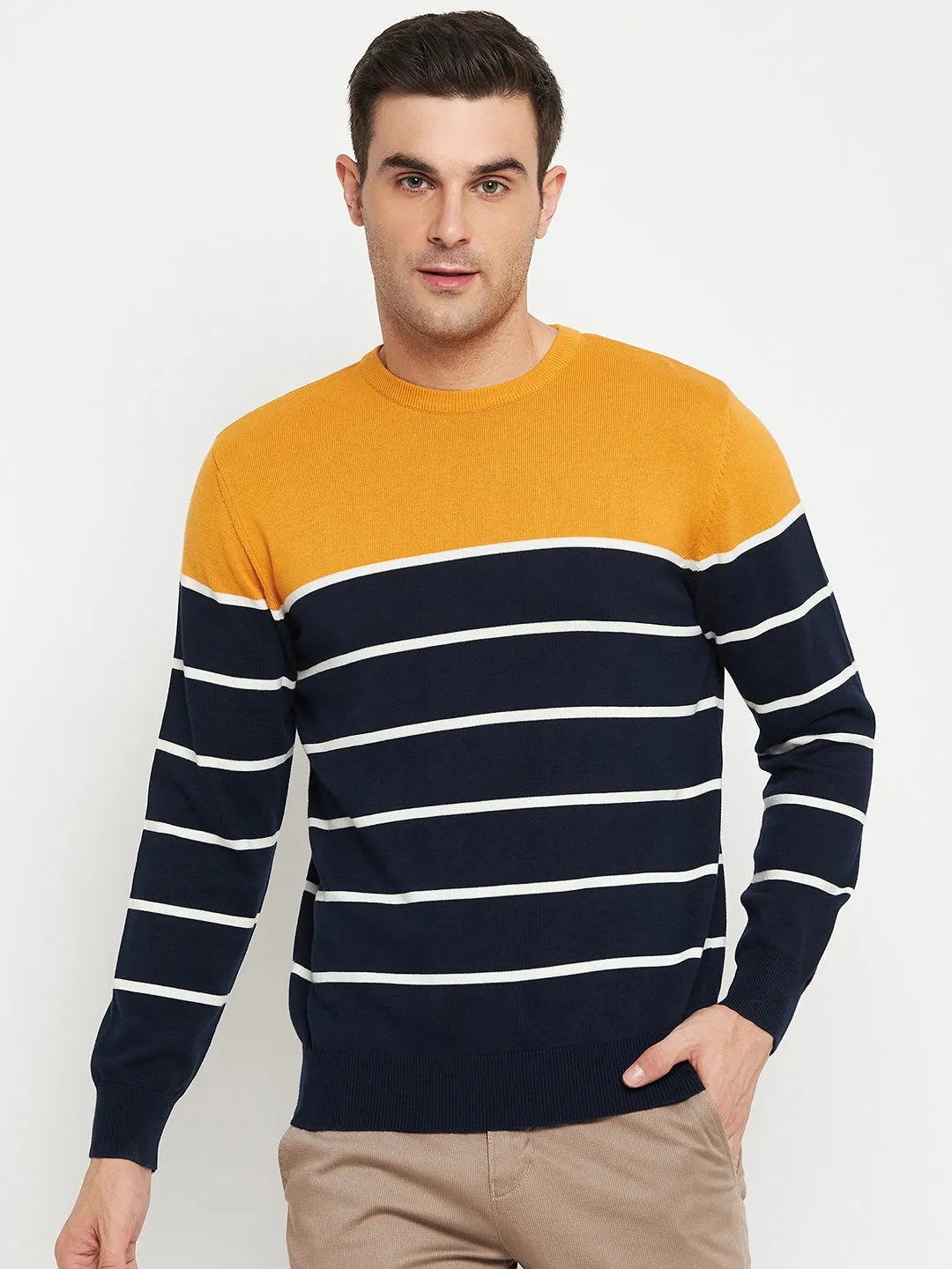 Striped Navy Blue Full Sleeves Round Neck Regular Fit Casual Sweater for Men