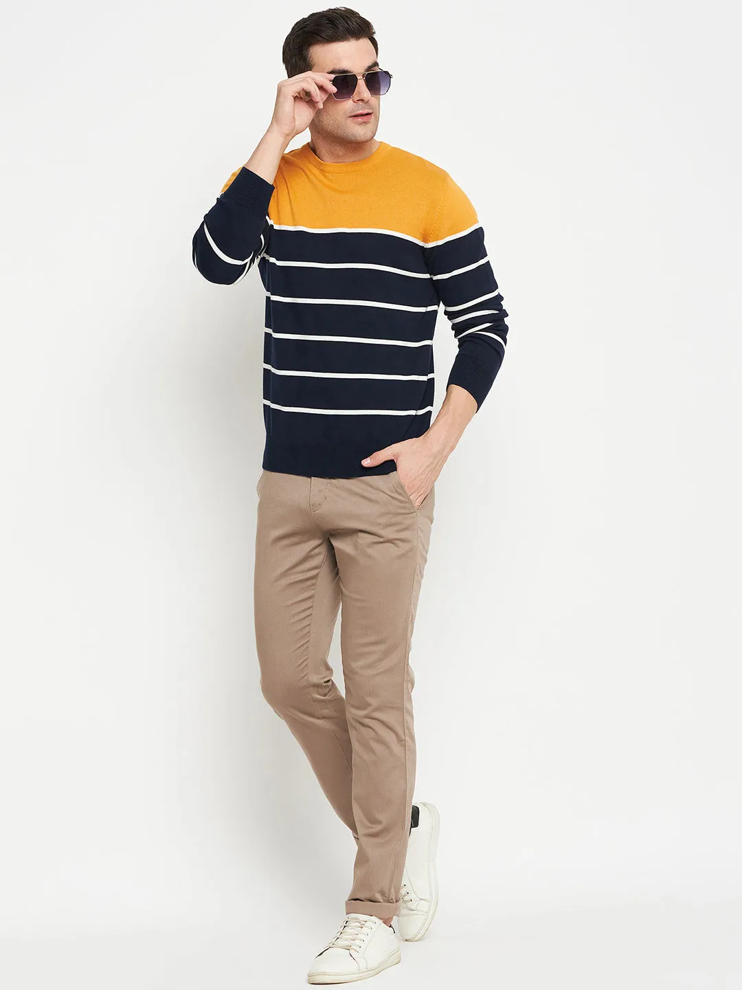 Striped Navy Blue Full Sleeves Round Neck Regular Fit Casual Sweater for Men