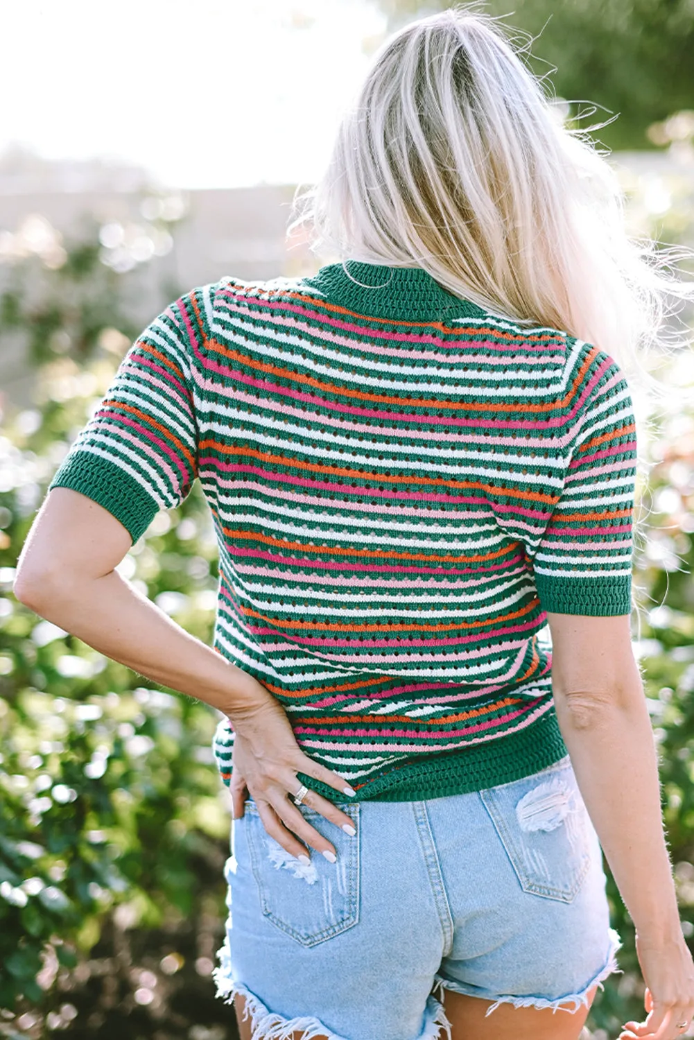 Striped Pattern Pointelle Knit T Shirt