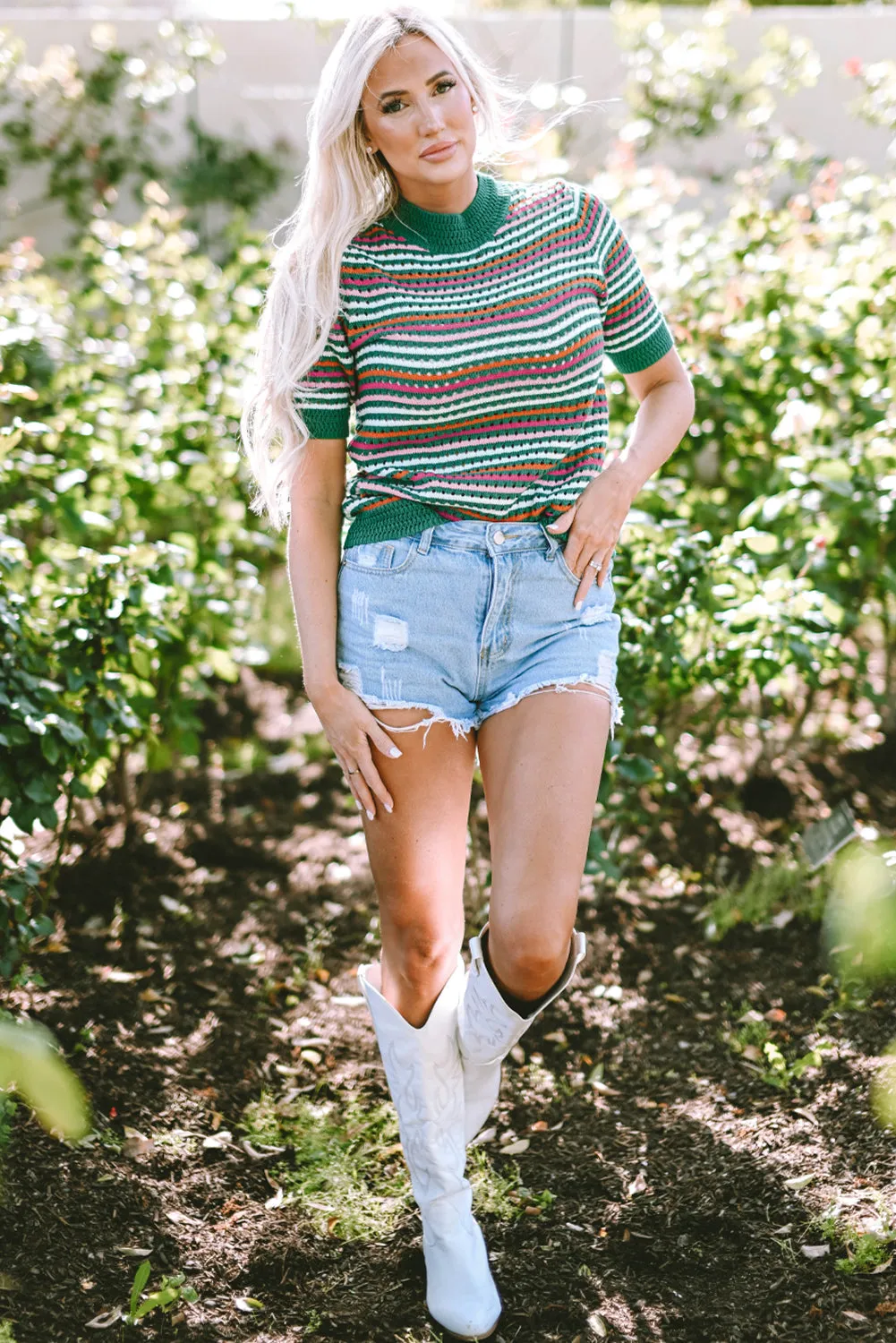 Striped Pattern Pointelle Knit T Shirt