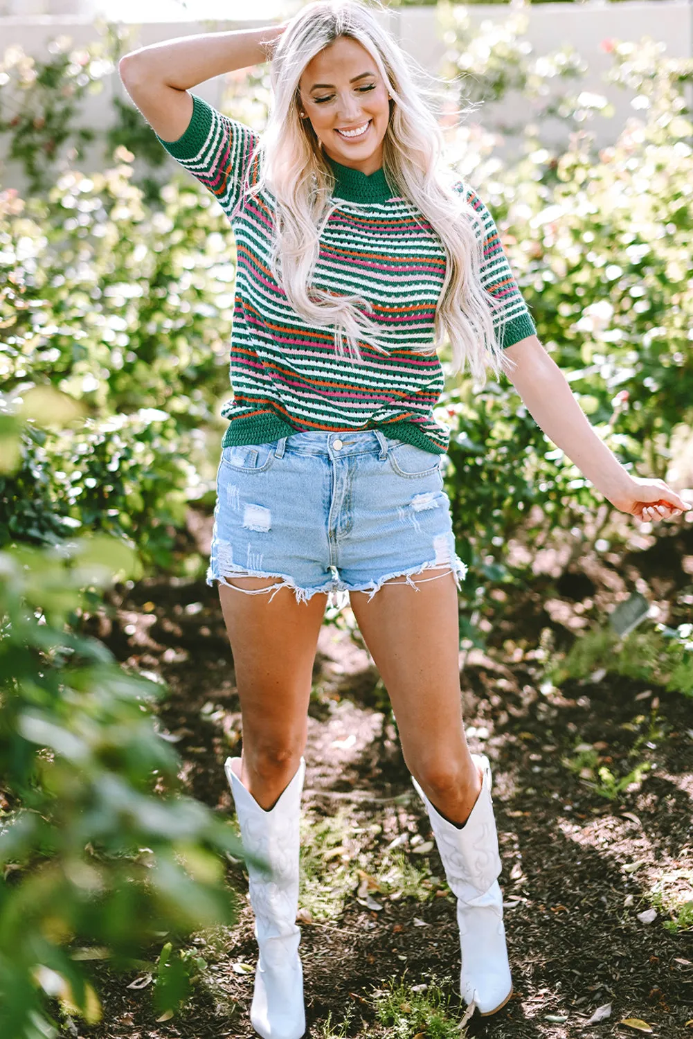 Striped Pattern Pointelle Knit T Shirt