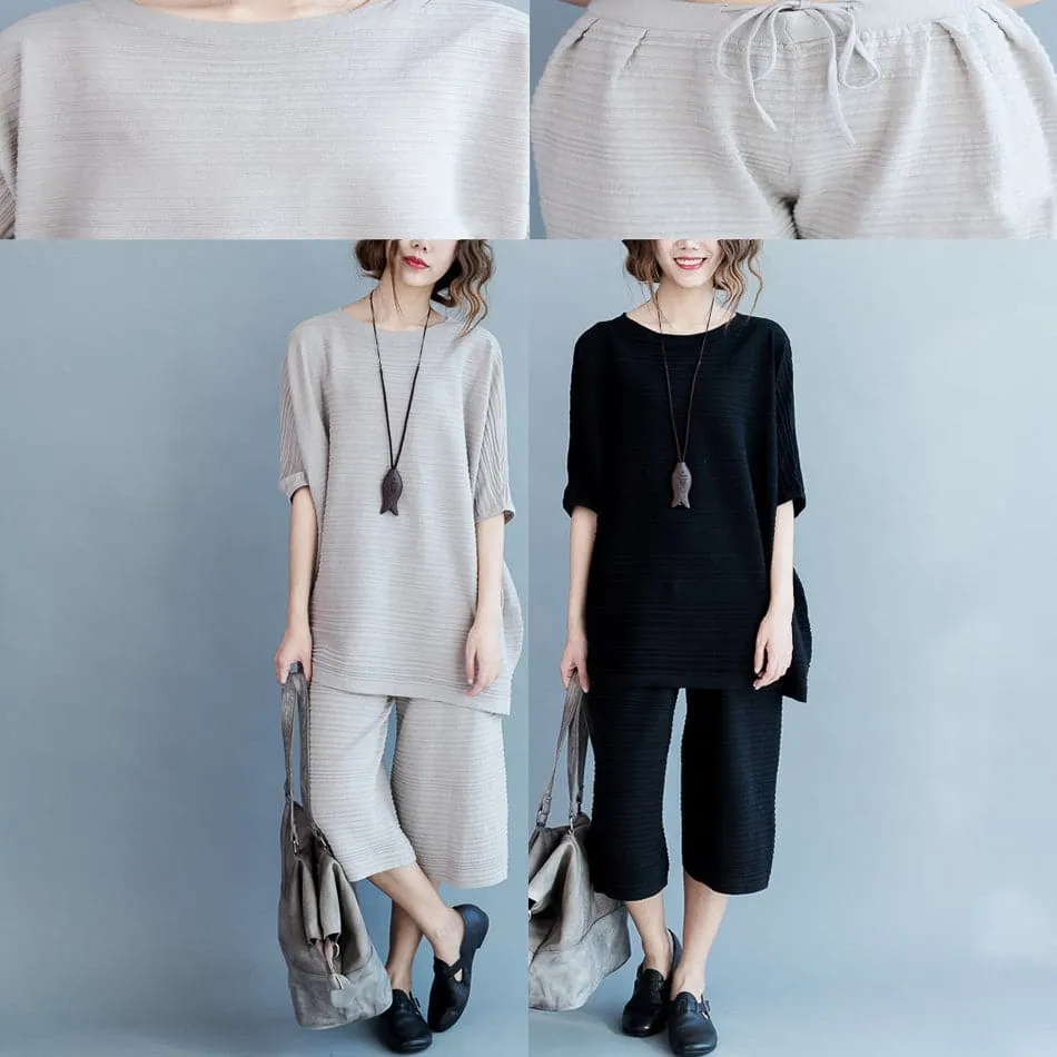 Stylish black cotton thin sweaters and casual wide leg pants knit two pieces