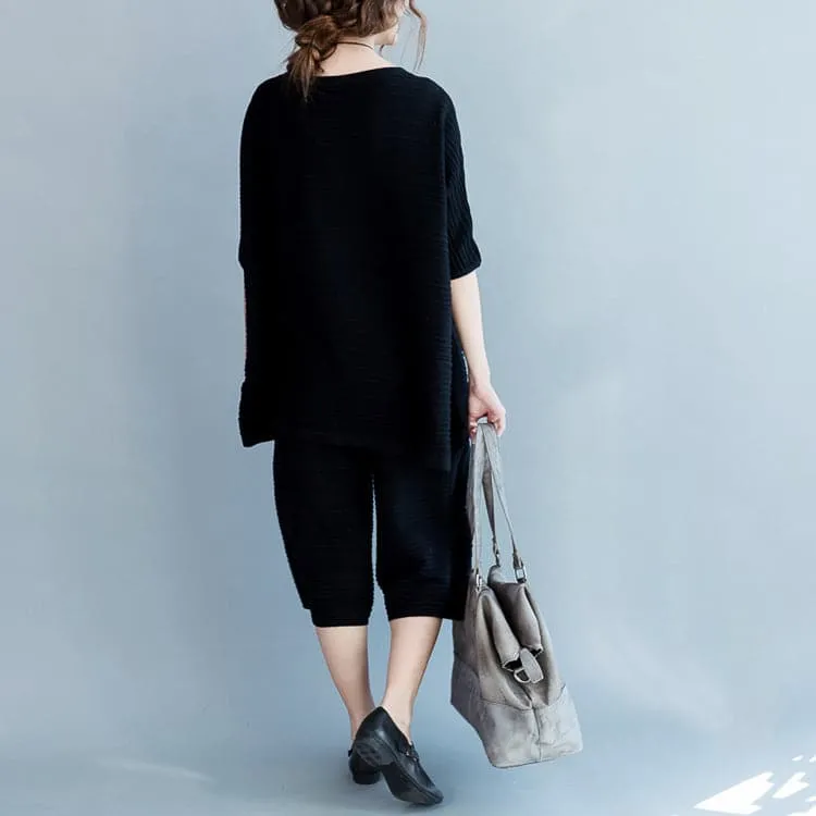 Stylish black cotton thin sweaters and casual wide leg pants knit two pieces