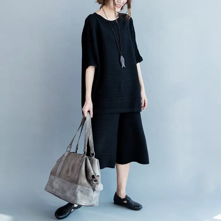 Stylish black cotton thin sweaters and casual wide leg pants knit two pieces