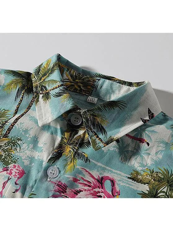 Stylish Toddler Little Boy Coconut Tree Flamingo Turn Down Collar Shirt