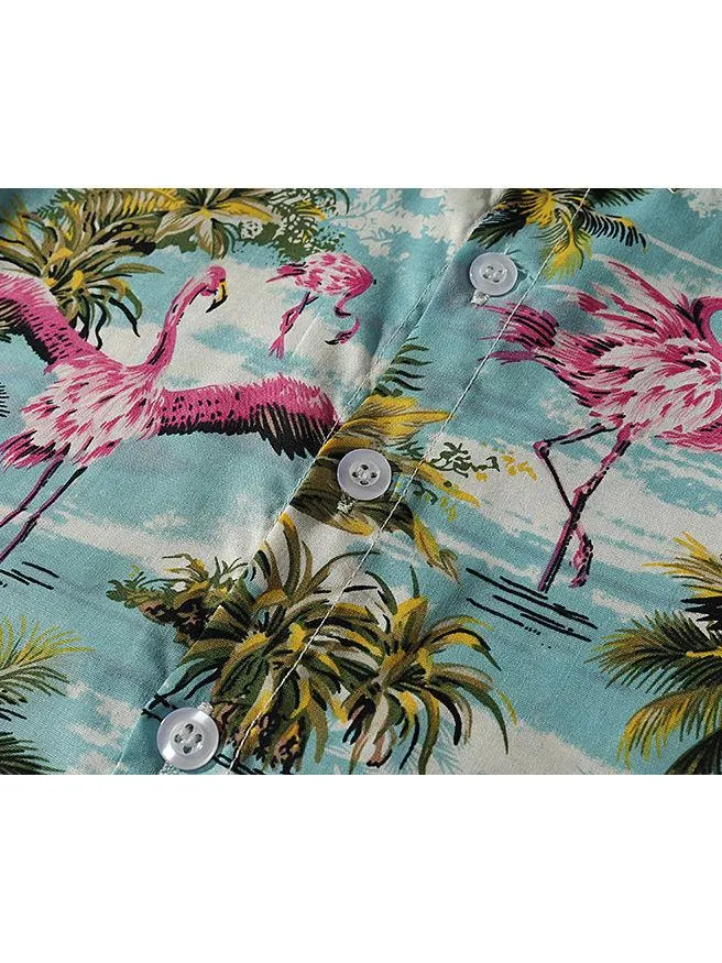 Stylish Toddler Little Boy Coconut Tree Flamingo Turn Down Collar Shirt