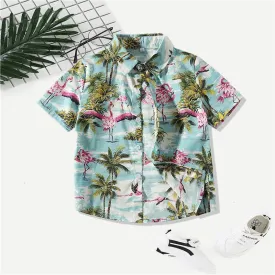 Stylish Toddler Little Boy Coconut Tree Flamingo Turn Down Collar Shirt