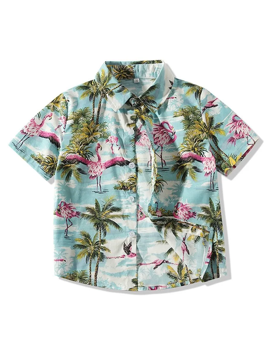 Stylish Toddler Little Boy Coconut Tree Flamingo Turn Down Collar Shirt