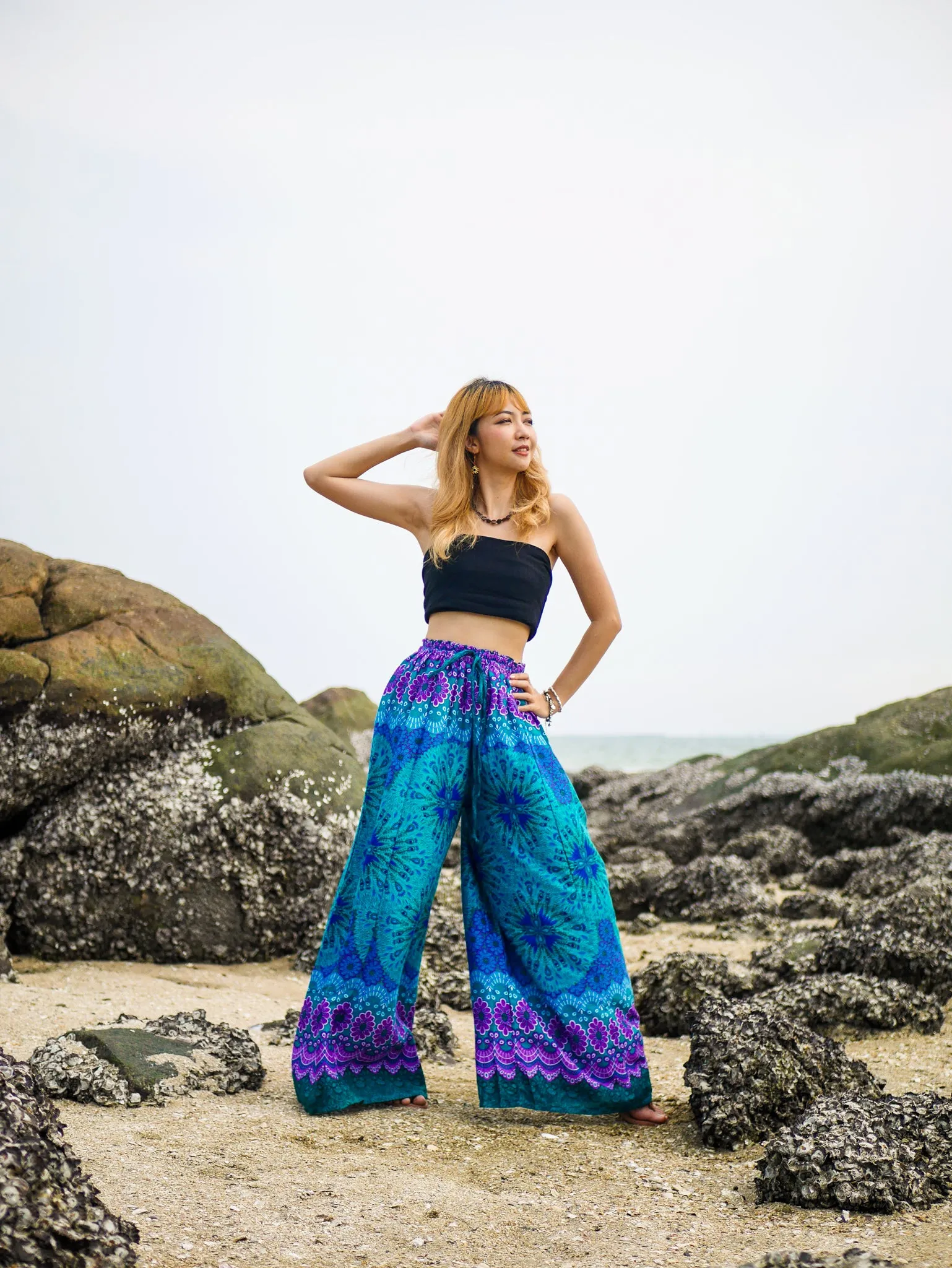 Teal Green Mandala Wide Leg Palazzo Pants