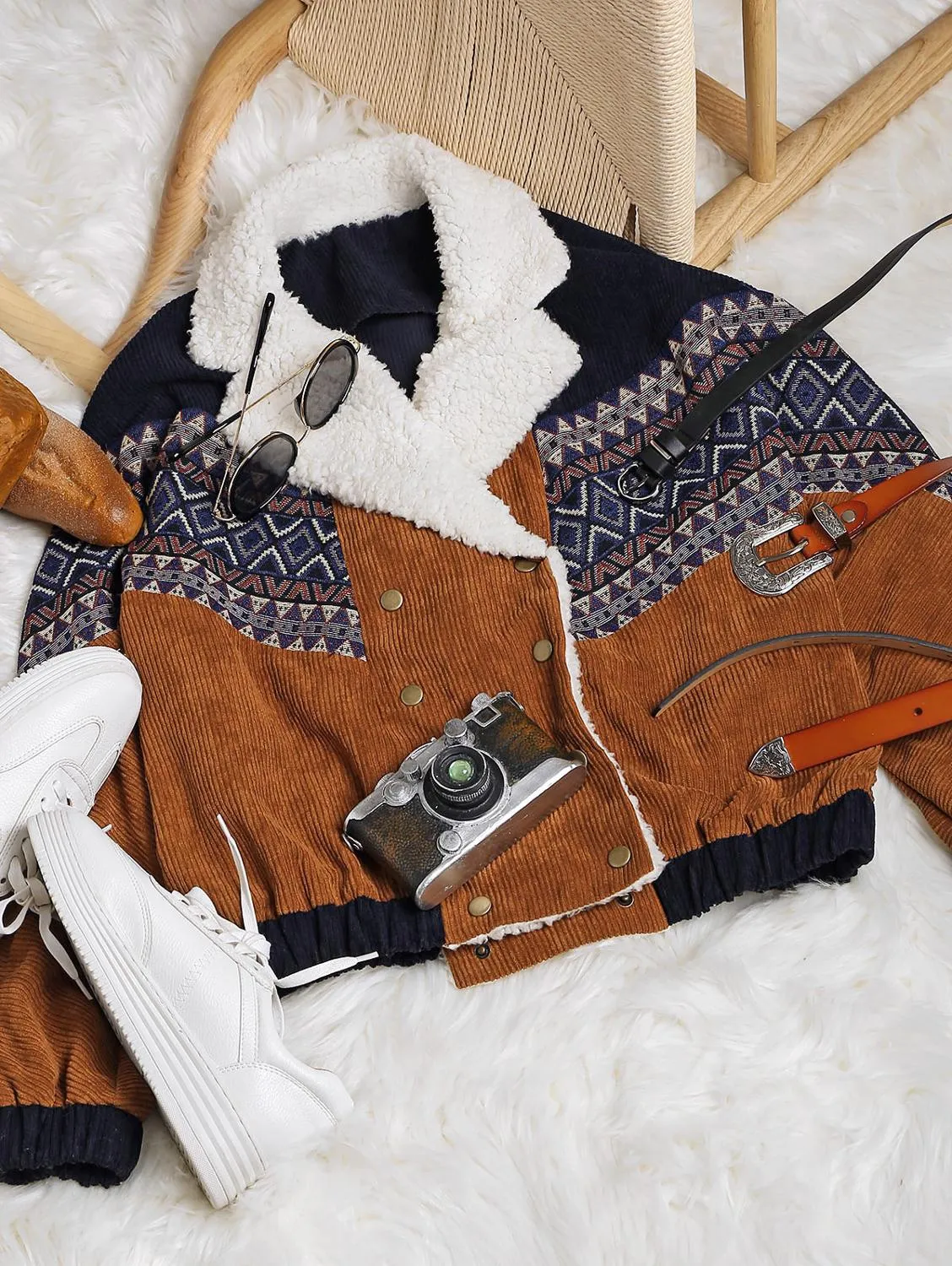 Tribal Print Faux  Corduroy Jacket