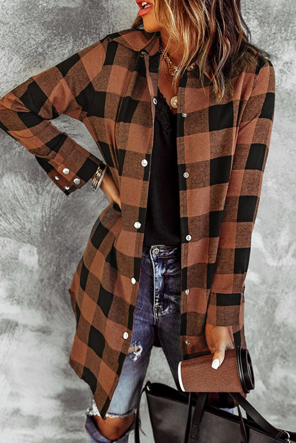 Turn-down Collar Plaid Shirt Coat